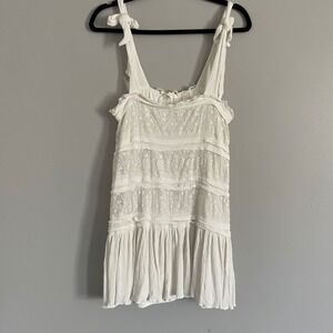 Baevely White Lace Tiered Boho Mini Dress Tie Shoulder Sleeveless Festival Small